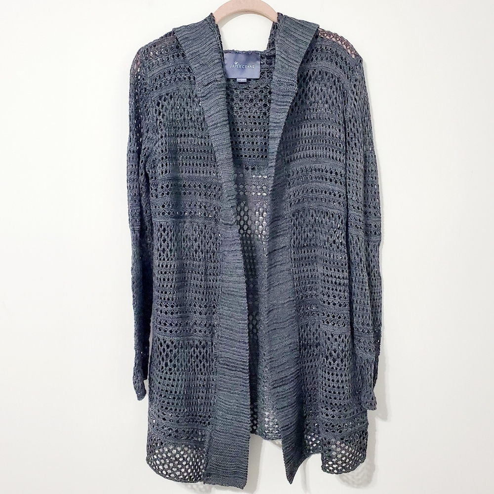Anthropologie Paper Crane Gray Open Knit Cardigan With Hood Large